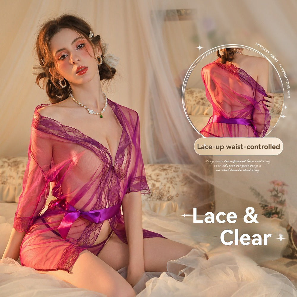 Clear Temptation Lace Robes Nightwear for Women Transparent Lingerie Robes Mesh Lace-up Design See Through Kimono Sleepwear Nightgown for Women Girls