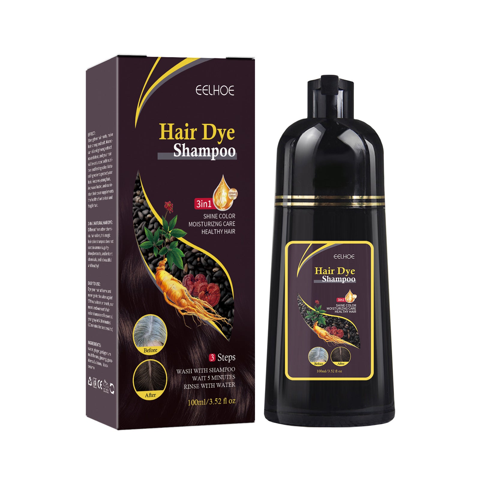 কালো এবং মসৃণ চুলের জন্য He Shou Wu Extract সহ EELHOE হেয়ার শ্যাম্পু 