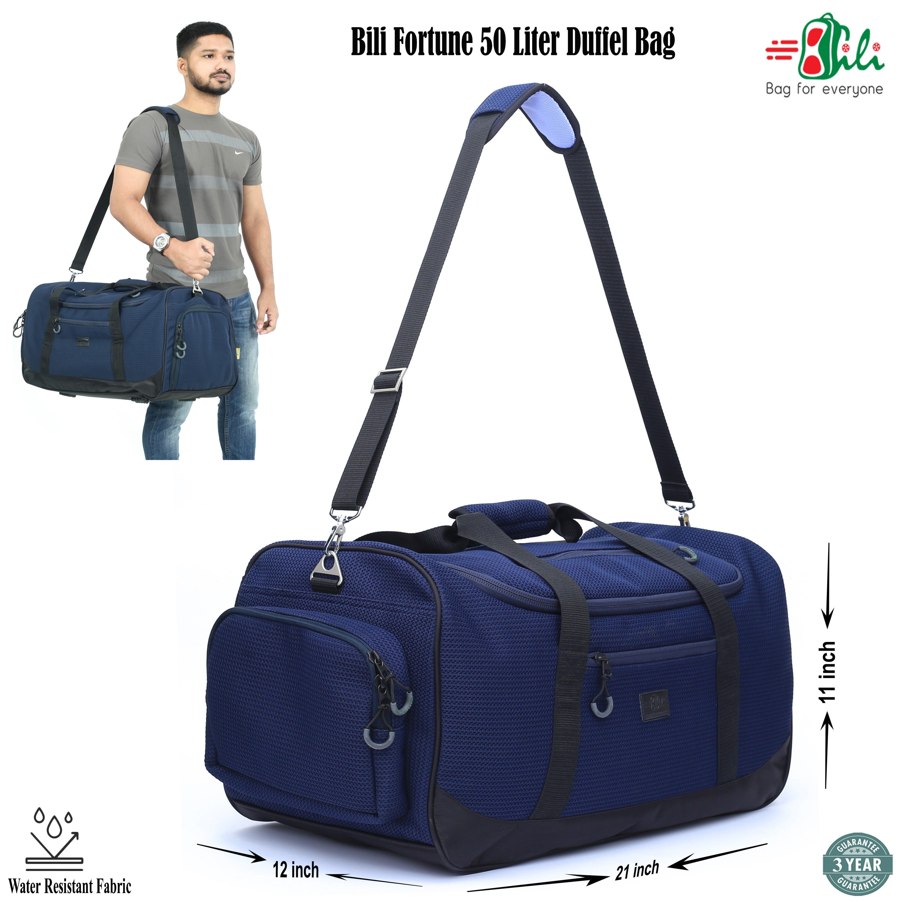 【Authenticity Guarantee】Bili Online Fortune 50L Waterproof Travel Duffel Bag for Men & Women – Large Weekender Luggage Bag with Shoe Compartment | Premium Duffle for 7-8 Day Trips | Gym, Camping & Touring 7-8 Day Trips | Men & Women Travel Duffle